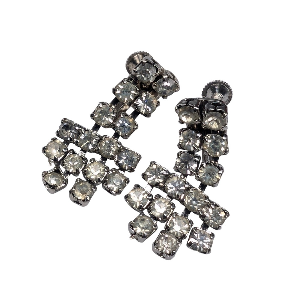 Art Deco Crystal Tiered Geometric Earrings Screw Back Drop